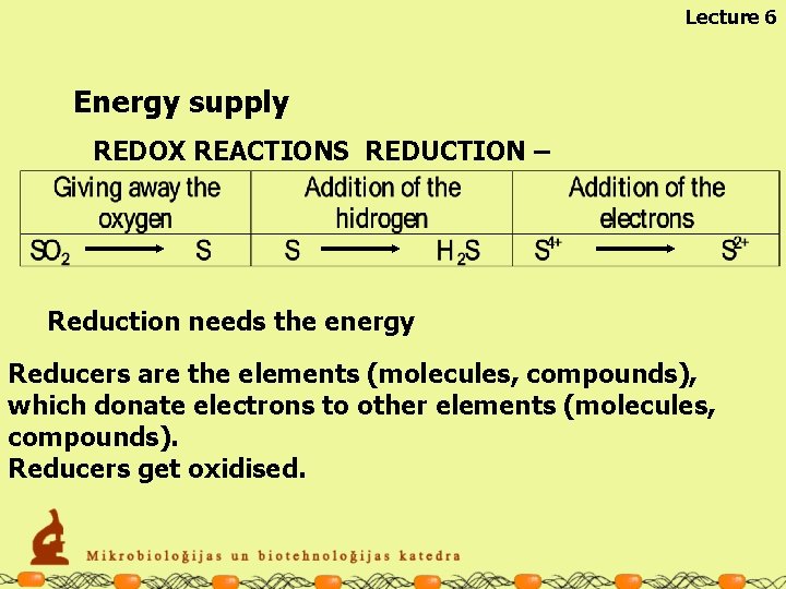 Lecture 6 Energy supply REDOX REACTIONS REDUCTION – Reduction needs the energy Reducers are