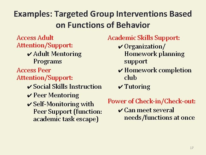 Examples: Targeted Group Interventions Based on Functions of Behavior Access Adult Academic Skills Support: