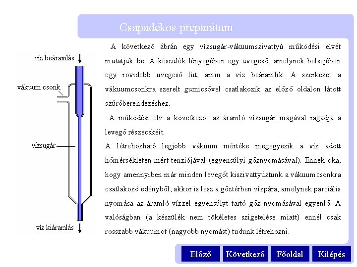 Csapadékos preparátum A következő ábrán egy vízsugár-vákuumszivattyú működési elvét mutatjuk be. A készülék lényegében