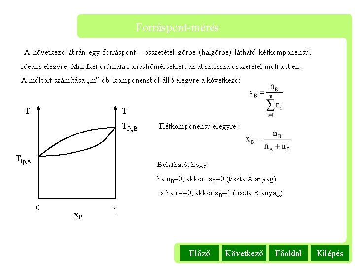 Forráspont-mérés A következő ábrán egy forráspont - összetétel görbe (halgörbe) látható kétkomponensű, ideális elegyre.