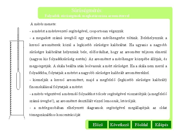 Sűrűségmérés: Folyadék sűrűségének meghatározása areométerrel A mérés menete: - a mérést a mérésvezető segítségével,