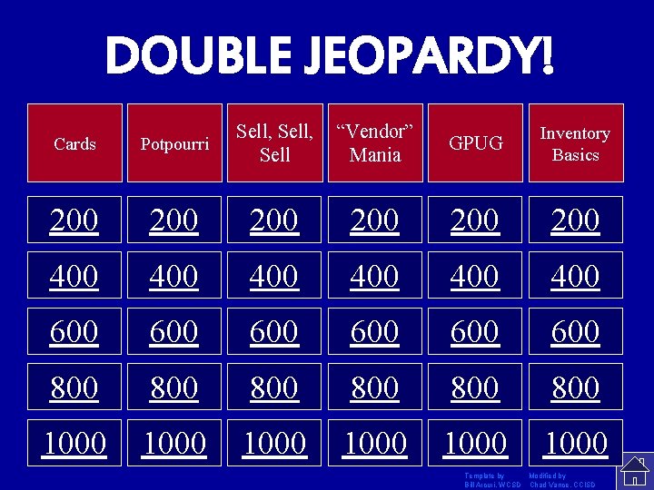 DOUBLE JEOPARDY! Cards Potpourri Sell, Sell “Vendor” Mania GPUG Inventory Basics 200 200 200