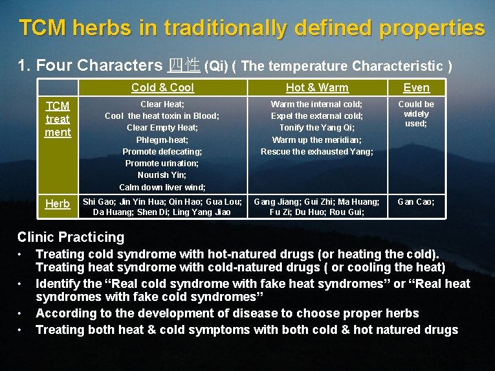 TCM herbs in traditionally defined properties 1. Four Characters 四性 (Qi) ( The temperature