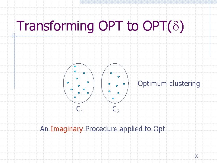 Transforming OPT to OPT( ) Optimum clustering C 1 C 2 An Imaginary Procedure