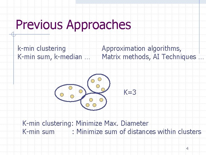 Previous Approaches k-min clustering K-min sum, k-median … Approximation algorithms, Matrix methods, AI Techniques