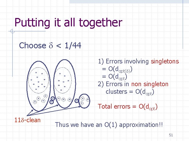 Putting it all together Choose < 1/44 1) Errors involving singletons = O(dopt( ))