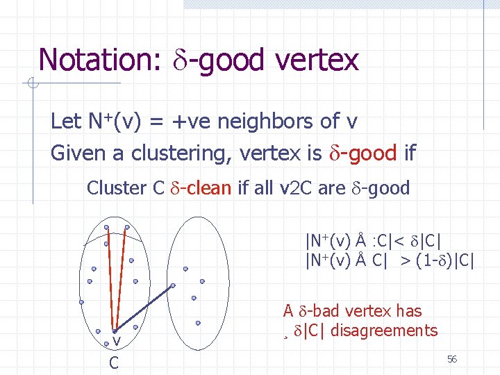 Notation: -good vertex Let N+(v) = +ve neighbors of v Given a clustering, vertex