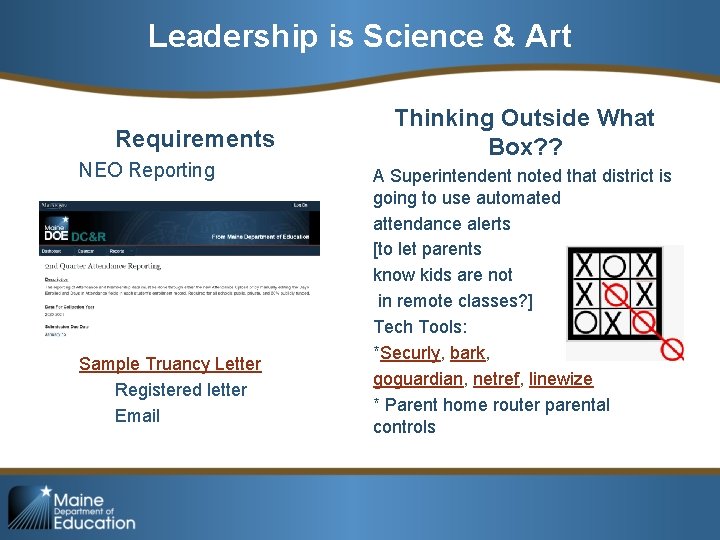 Leadership is Science & Art Requirements NEO Reporting Sample Truancy Letter Registered letter Email