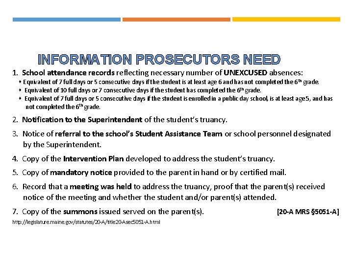 INFORMATION PROSECUTORS NEED 1. School attendance records reflecting necessary number of UNEXCUSED absences: Equivalent