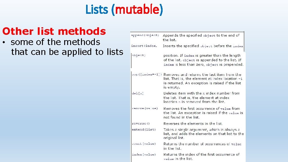 Lists (mutable) Other list methods • some of the methods that can be applied Lists (mutable) Other list methods • some of the methods that can be applied