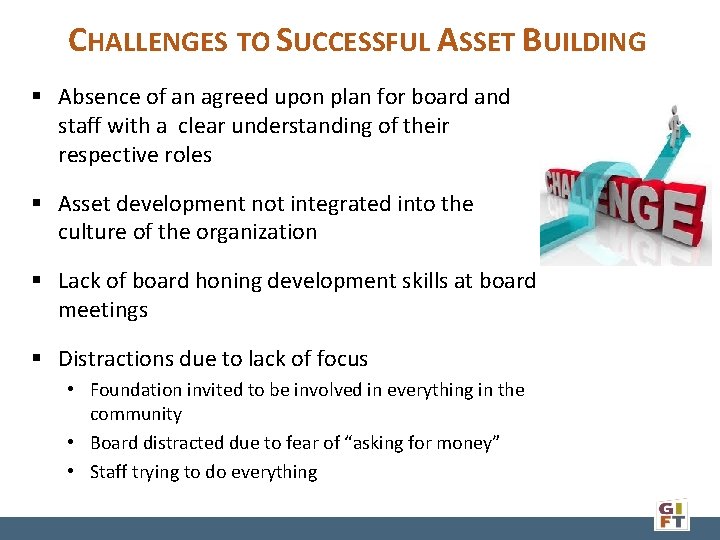 CHALLENGES TO SUCCESSFUL ASSET BUILDING § Absence of an agreed upon plan for board