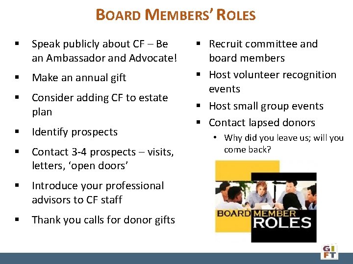 BOARD MEMBERS’ ROLES § Speak publicly about CF – Be an Ambassador and Advocate!