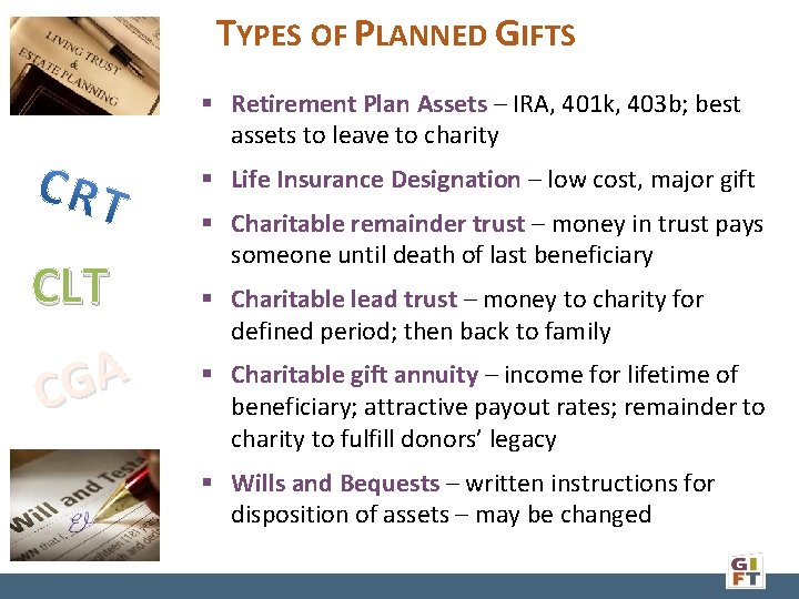 TYPES OF PLANNED GIFTS § Retirement Plan Assets – IRA, 401 k, 403 b;