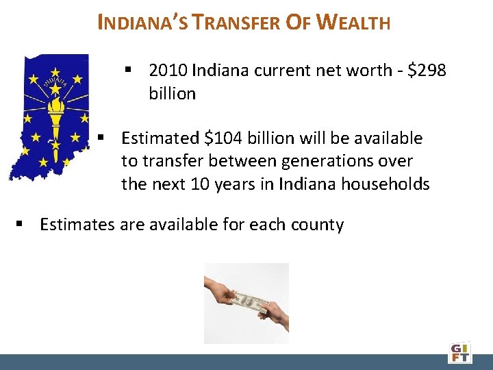 INDIANA’S TRANSFER OF WEALTH § 2010 Indiana current net worth - $298 billion §