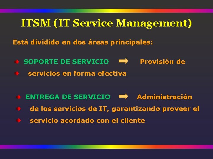 ITSM (IT Service Management) Está dividido en dos áreas principales: SOPORTE DE SERVICIO Provisión