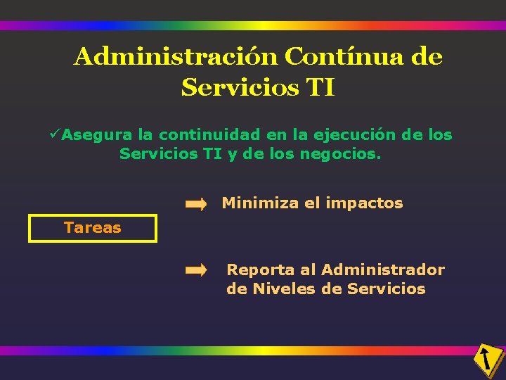 Administración Contínua de Servicios TI üAsegura la continuidad en la ejecución de los Servicios