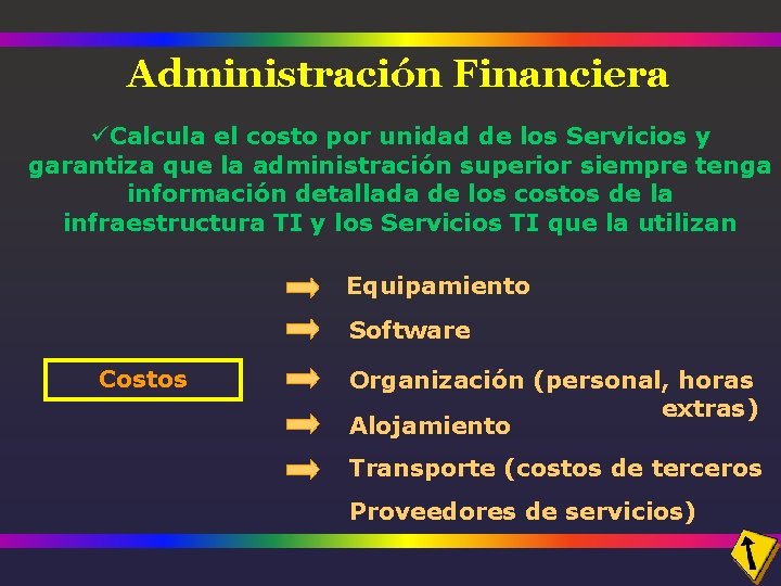 Administración Financiera üCalcula el costo por unidad de los Servicios y garantiza que la