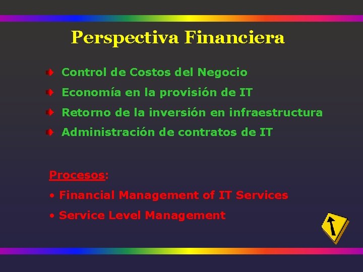 Perspectiva Financiera Control de Costos del Negocio Economía en la provisión de IT Retorno