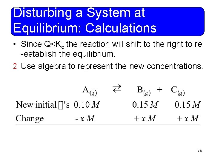 Disturbing a System at Equilibrium: Calculations • Since Q<Kc the reaction will shift to