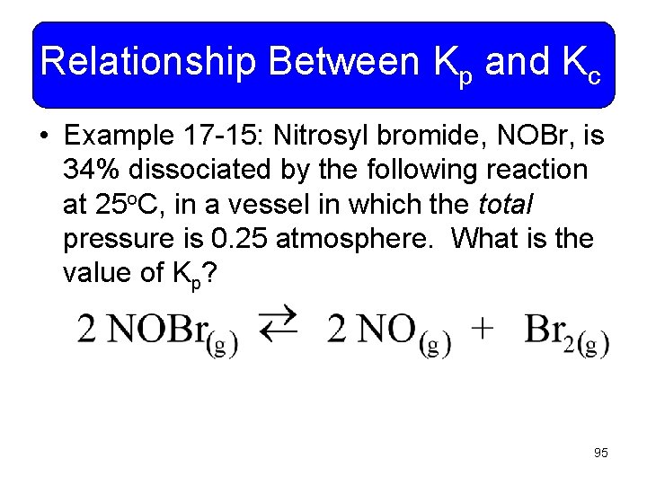 Relationship Between Kp and Kc • Example 17 -15: Nitrosyl bromide, NOBr, is 34%