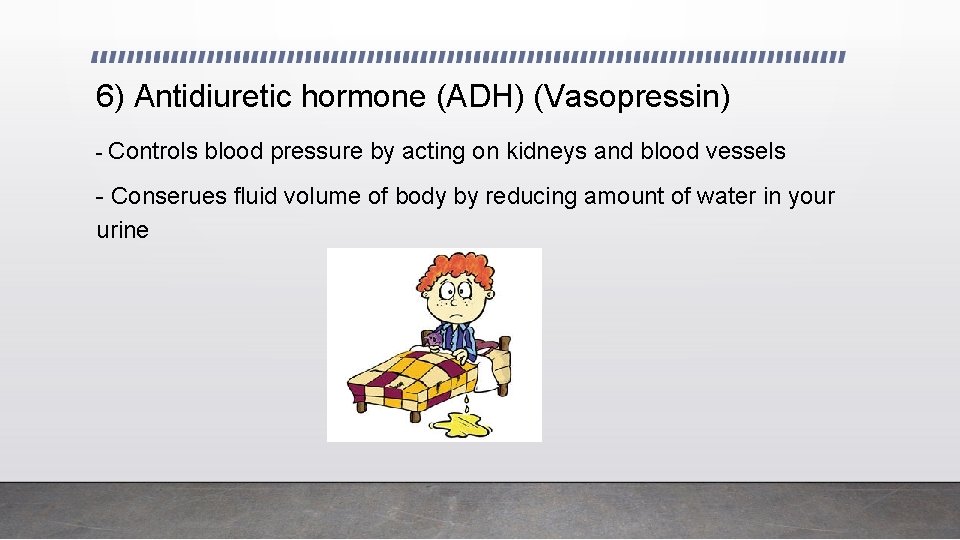 6) Antidiuretic hormone (ADH) (Vasopressin) - Controls blood pressure by acting on kidneys and
