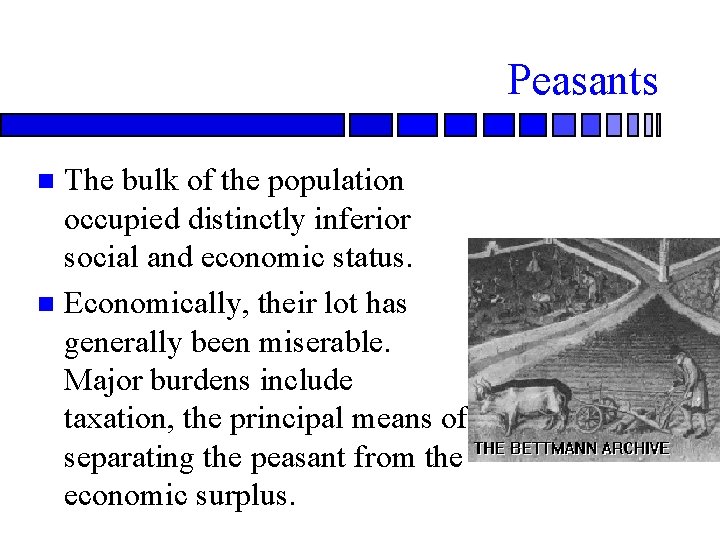 Peasants The bulk of the population occupied distinctly inferior social and economic status. n