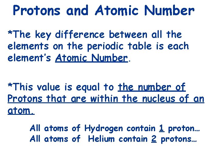 Protons and Atomic Number *The key difference between all the elements on the periodic