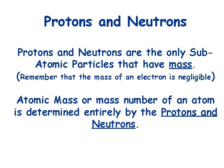 Protons and Neutrons are the only Sub. Atomic Particles that have mass. (Remember that
