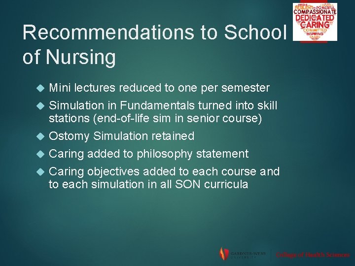 Recommendations to School of Nursing Mini lectures reduced to one per semester Simulation in
