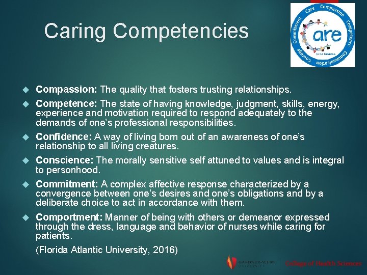 Caring Competencies Compassion: The quality that fosters trusting relationships. Competence: The state of having
