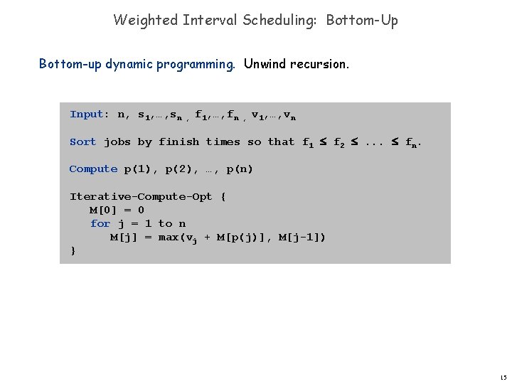 Weighted Interval Scheduling: Bottom-Up Bottom-up dynamic programming. Unwind recursion. Input: n, s 1, …,
