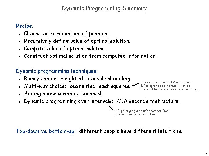 Dynamic Programming Summary Recipe. Characterize structure of problem. Recursively define value of optimal solution.