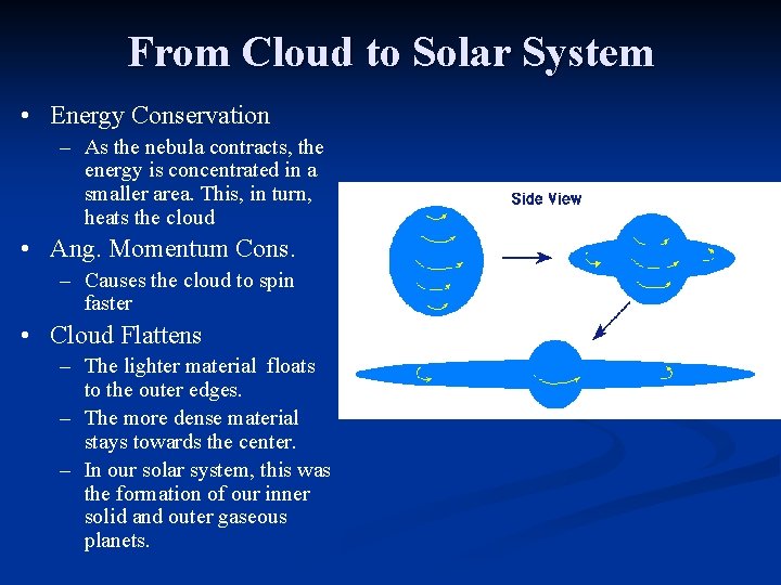 From Cloud to Solar System • Energy Conservation – As the nebula contracts, the