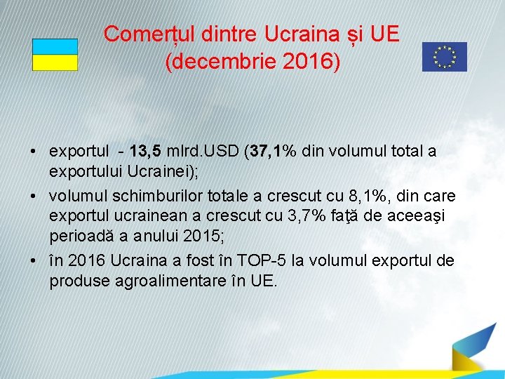Comerțul dintre Ucraina și UE (decembrie 2016) • exportul - 13, 5 mlrd. USD