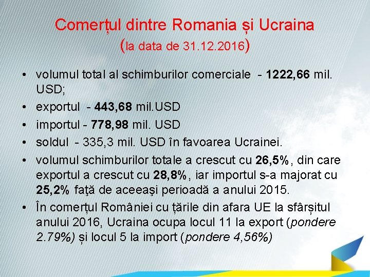 Comerțul dintre Romania și Ucraina (la data de 31. 12. 2016) • volumul total