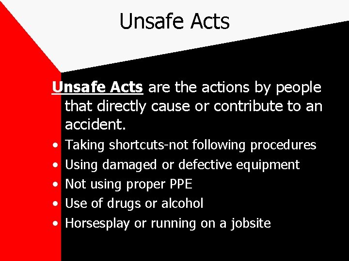 Unsafe Acts are the actions by people that directly cause or contribute to an