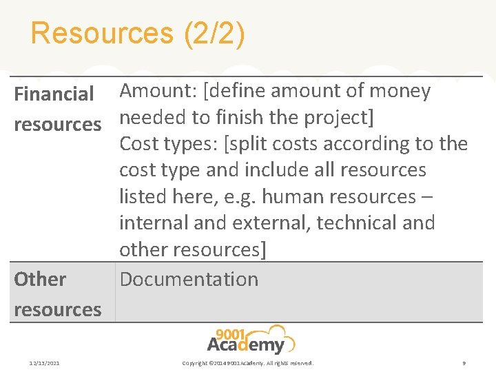 Resources (2/2) Financial Amount: [define amount of money resources needed to finish the project]