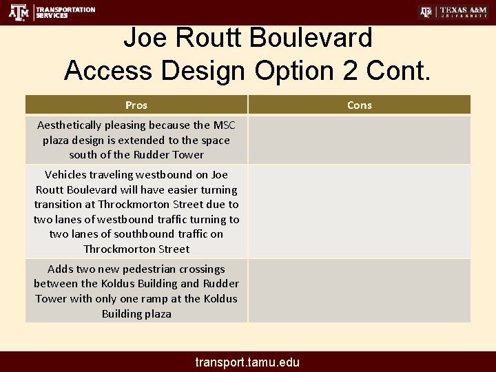 Joe Routt Boulevard Access Design Option 2 Cont. Pros Cons Aesthetically pleasing because the