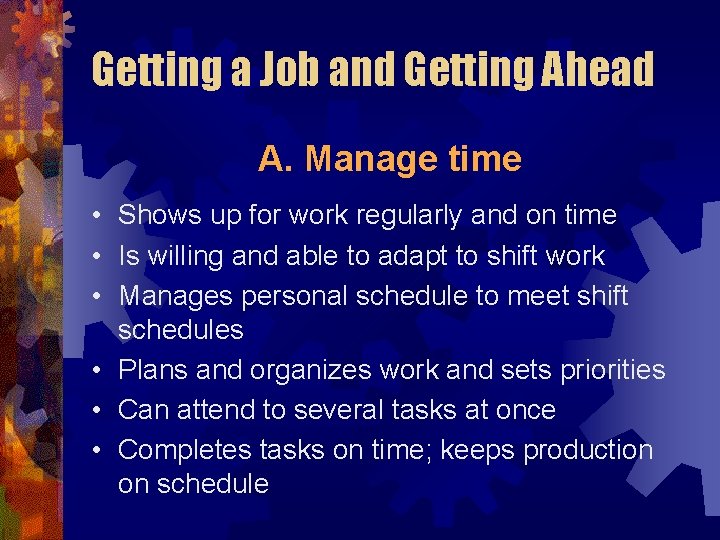 Getting a Job and Getting Ahead A. Manage time • Shows up for work