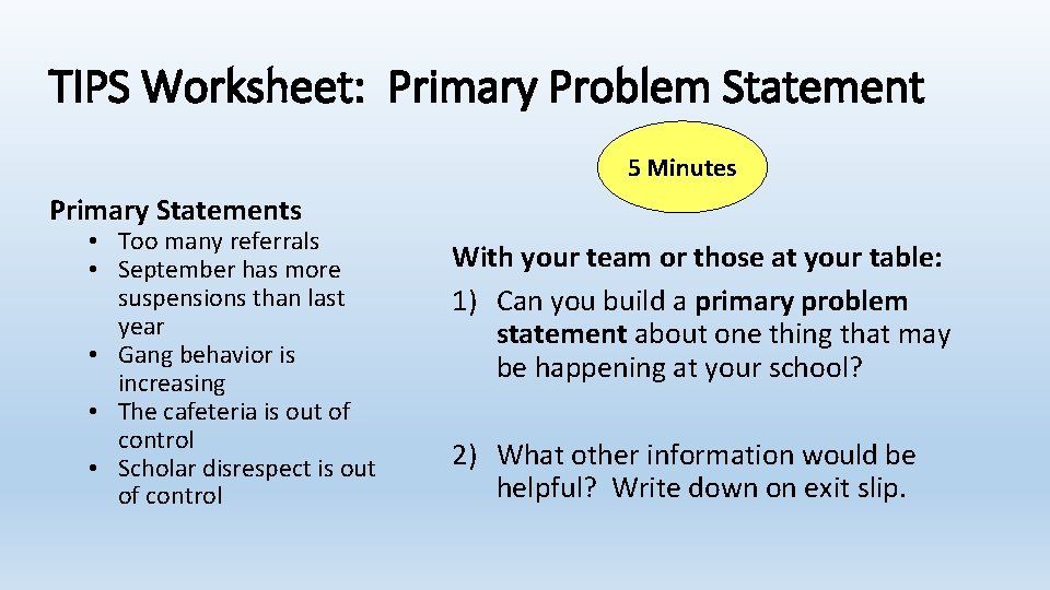 TIPS Worksheet: Primary Problem Statement 5 Minutes Primary Statements • Too many referrals •