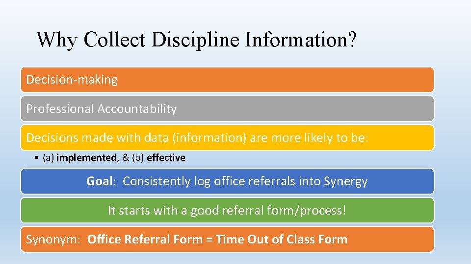 Why Collect Discipline Information? Decision-making Professional Accountability Decisions made with data (information) are more