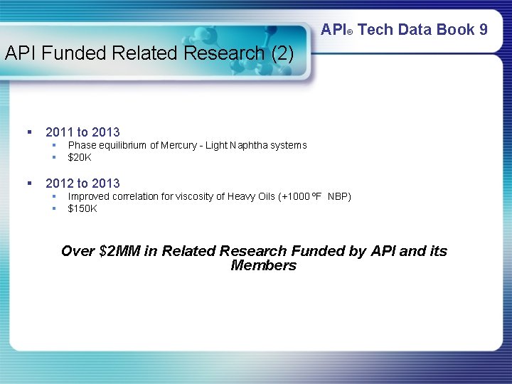 API® Tech Data Book 9 API Funded Related Research (2) § 2011 to 2013 API® Tech Data Book 9 API Funded Related Research (2) § 2011 to 2013