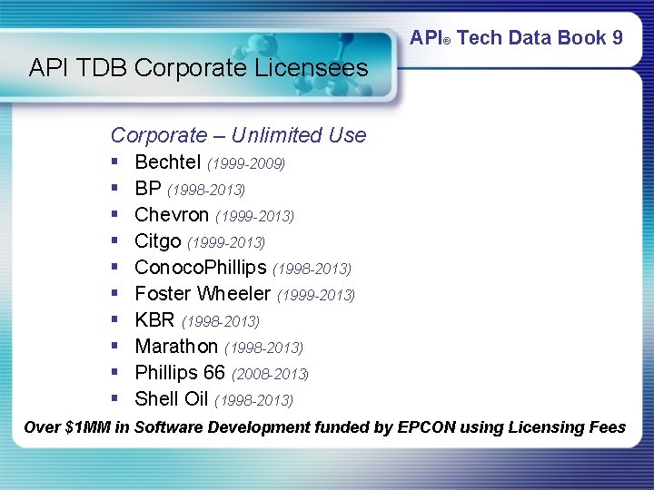 API® Tech Data Book 9 API TDB Corporate Licensees Corporate – Unlimited Use § API® Tech Data Book 9 API TDB Corporate Licensees Corporate – Unlimited Use §