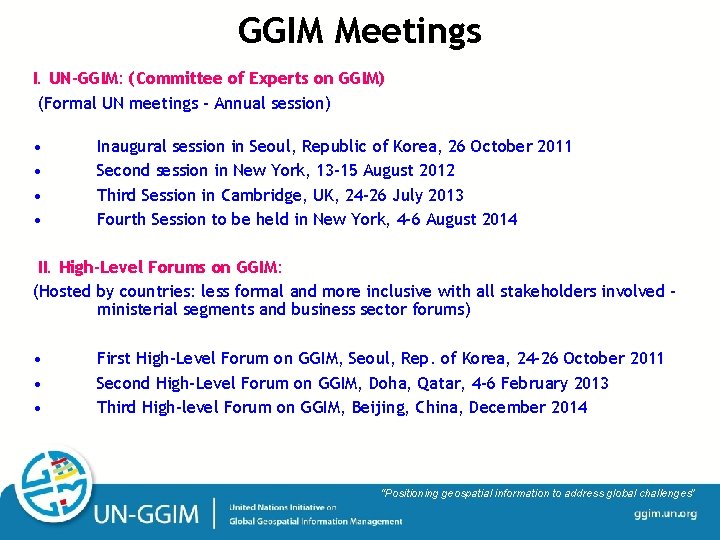 GGIM Meetings I. UN-GGIM: (Committee of Experts on GGIM) (Formal UN meetings - Annual