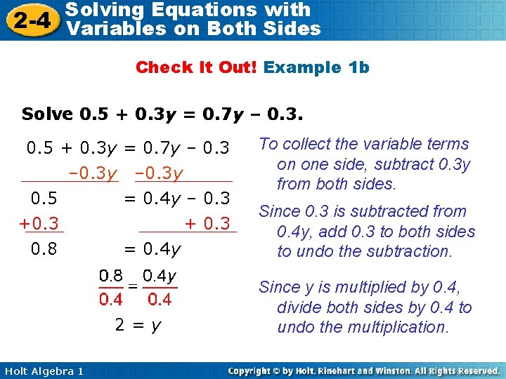 Solving Equations with 2 -4 Variables on Both Sides Check It Out! Example 1