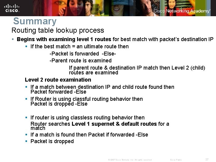 Summary Routing table lookup process § Begins with examining level 1 routes for best