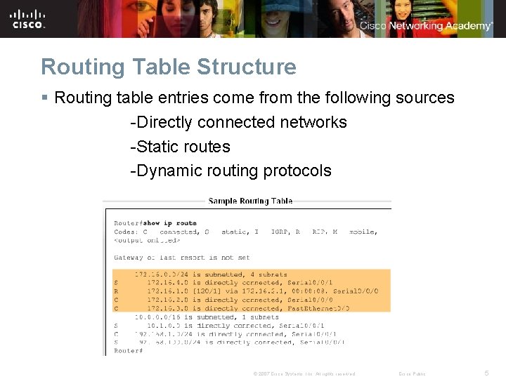 Routing Table Structure § Routing table entries come from the following sources -Directly connected