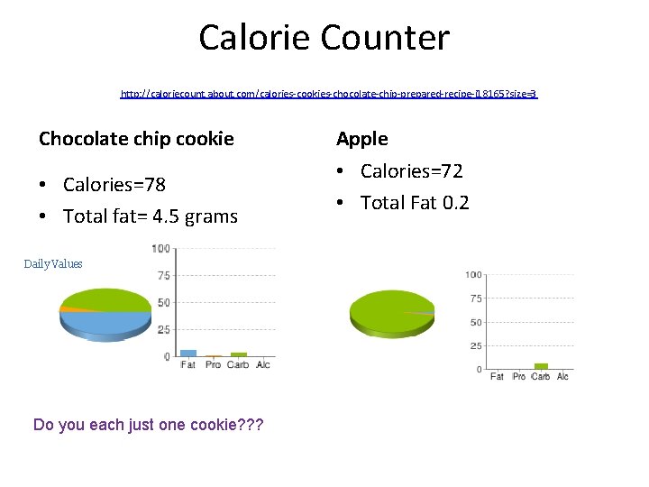 Calorie Counter http: //caloriecount. about. com/calories-cookies-chocolate-chip-prepared-recipe-i 18165? size=3 Chocolate chip cookie • Calories=78 •