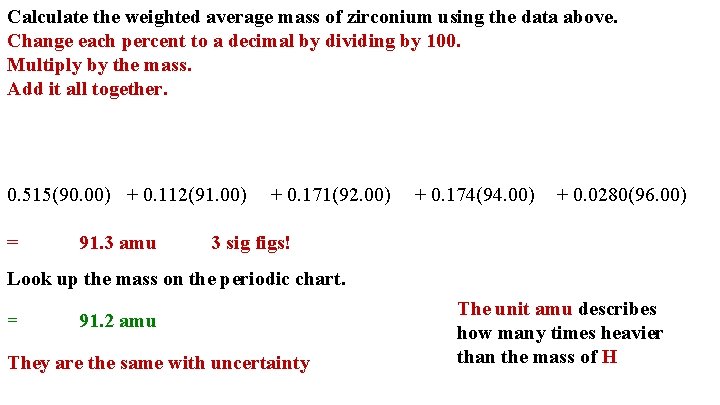 Calculate the weighted average mass of zirconium using the data above. Change each percent