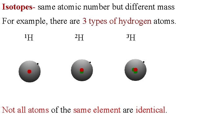 Isotopes- same atomic number but different mass For example, there are 3 types of